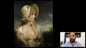 video still of Xavier Salomon and painting of woman