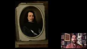 video still of Xavier Salomon and oil painting of a portrait of a man
