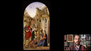 video still of Xavier Salomon and oil painting depicting biblical scene including The Virgin and Child and others 