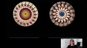 woman giving a talk with abstract circular images in the background