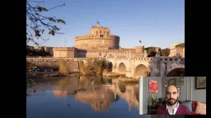 screenshot of Xavier Salomon speaking alongside image of building in Rome