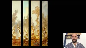 video still of Xavier Salomon and 4 panels of garden paintings