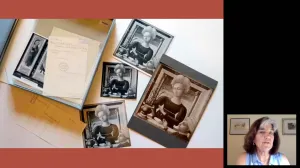 video still of woman and collection of images with box