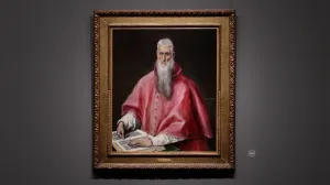 video still of oil painting of main with long white beard in reddish purple robe, with hands on an open book