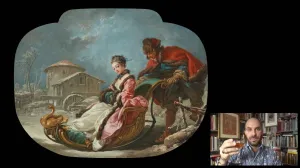 video still of Xavier Salomon and painting of woman in sled
