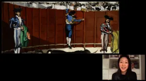 video still of Aimee Ng and oil painting of bullfighters