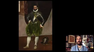 video still of Aimee Ng and oil painting of man in green outfit