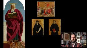 video still of Xavier Salomon and multiple paintings of biblical figures