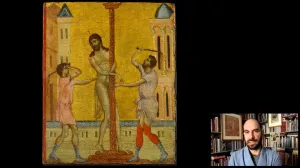 video still of Xavier Salomon and oil painting depicting biblical scene of the flagellation of Jesus Christ