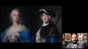 video still of Xavier Salomon and paintings of a woman and man