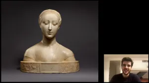 video still of Giulio Dalvit and marble bust of woman