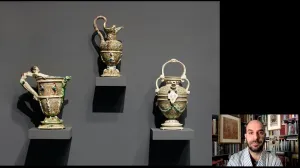 video still of Xavier Salomon and three wares on wall of gallery