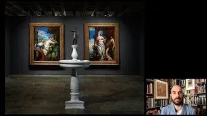 video still of Xavier Salomon and gallery of Frick Madison displaying statuette in forefront