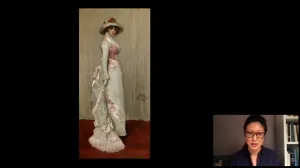 video still of Aimee Ng and oil painting of woman standing in white and pink dress