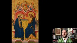 video still of Xavier Salomon and panel of biblical scene depicting coronation of the Virgin
