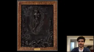 video still of Giulio Dalvit and sculpture relief of The Resurrection