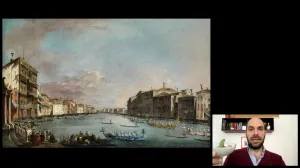 video still of Xavier Salomon and painting of river scene