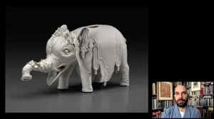 video still of Xavier Salomon and porcelain elephant shaped wine dispenser