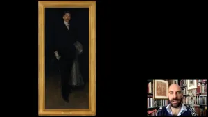 video still of Xavier Salomon and painting of man in black
