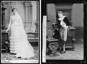 Side-by-side comparison of two black-and-white photographs with matching settings, on the left a woman in a wedding dress, on the right a young boy posed reading a book
