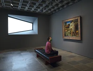Man in a pink sweater sitting on a gallery bench between a trapezoidal window and Bellini's 