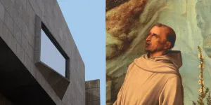 Side-by-side detail of one of Marcel Breuer's iconic trapezoidal windows (left) and the head of St. Francis by Giovanni Bellini (right)