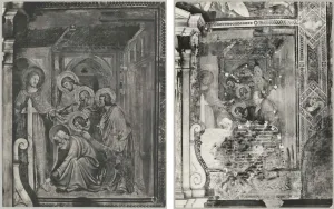 Side-by-side comparison of a fresco of the Incredulity of St. Thomas. At left, the original fresco. At right, extensive damage from fire.