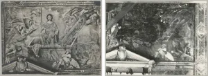 Side-by-side comparison of a fresco depicting Christ's Resurrection. At left, a reproduction of the original fresco. At right, extensive damage with large portions of plaster missing.