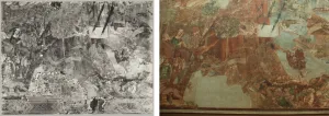 Side-by-side comparison of a detail of a fresco. At left, documentation of the damage to the painting. At right, the same detail in color, with portions of the damage restored.