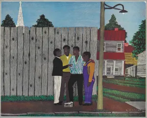 Photo reproduction of an oil painting of four men standing close together in front of a wooden fence, singing on a street corner