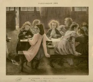 Mounted archival photo of a painting of a group of young girls in long-sleeved dresses eating a school lunch table.