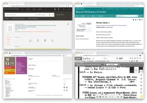 Screenshots of web information on artist Marie Perrier. Clockwise from top right: Benezit Dictionary of Artists, Bibliothèque nationale de France, Musée d'Orsay, and the Frick Art Reference Library online catalog