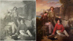 Side-by-side of oil painting of three boys on an outdoor picnic, with a glowing sunset in the background. The image at left is in black and white, and in full color at right.