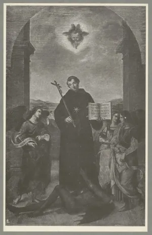 Reproduction of a Baroque altarpiece featuring a saint, the Devil, an angel, two female figures, and a divine face peeking down from the clouds