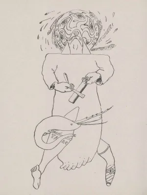 Composite Surrealist drawing of a figure sharpening a blade with a half-fish half-human body and a head with multiple crying eyes