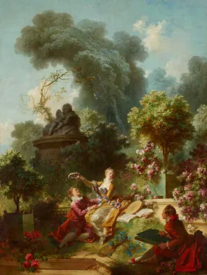 Oil painting of a woman crowning a man with a flower crown while an artist sketches them in a lush green forest