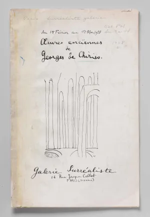 Exhibition catalog cover with text in French and an architectural line drawing with arches