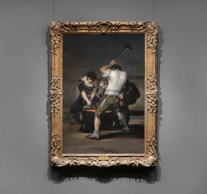 Framed painting of three blacksmiths around an anvil glowing bright orange with heat
