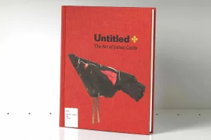 Book on a gray shelf whose red cover features an abstract artwork made of found black fabric
