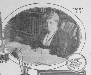 Newspaper clipping showing a seated woman surrounded by books and drawings of frames and paintbrushes