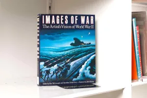 A book cover featuring an artwork detail of battle at sea sitting on a white shelf