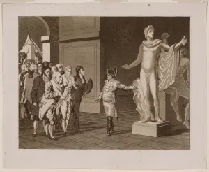 Political cartoon of Napoleon Bonaparte showing off a marble statue to a group of onlookers in the Louvre
