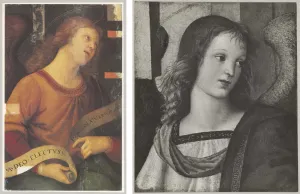 Reproductions of two painting fragments depicting curly-haired angels in robes