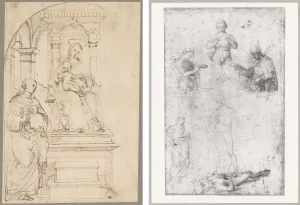 Two preparatory sketches. At left, a sketch of a saint beneath a Madonna and Child on a pedestal. At right, figures of saints and angels in various poses.