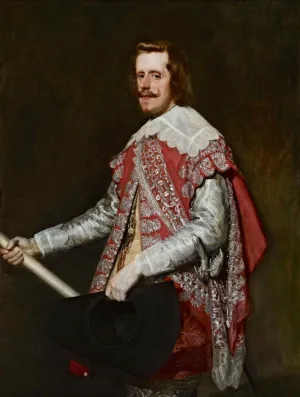 Portrait of a man with a mustache wearing a red outfit with a white collar and silver embroidery holding a staff and a black hat