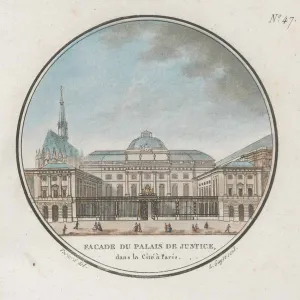 Aquatint engraving of the Palais de Justice in Paris enclosed in a circle border, with small figures walking in front of the building's gate.
