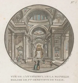 Aquatint engraving of figures in the grand vaulted interior of the Church of Saint Genevieve in Paris