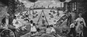 Mural of a streetscape with children playing on a playground