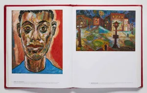 Book spread featuring a painted portrait of James Baldwin and a painting of a city streetscape