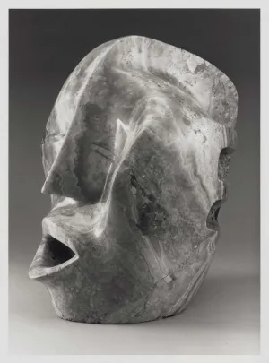 Abstracted marble sculpture of a head with an open mouth